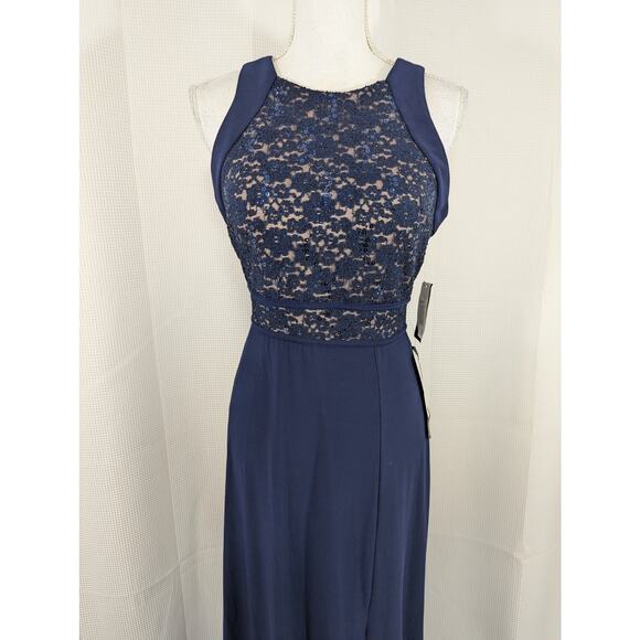 NWT@$109! NIGHTWAY! FULL LENGTH NAVY BLUE LACE, CHIFFON & NUDE MAXI DRESS! SZ 10 - Picture 4 of 14